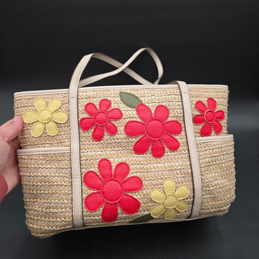 St. Johns Bay Woven Straw Spring Beach Purse with Flowers Hand Bag
